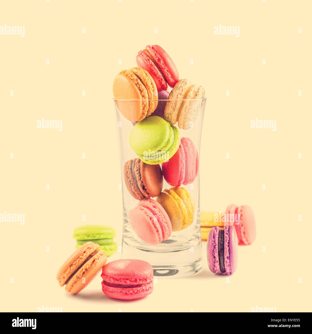 french colorful macarons in a glass Stock Photo