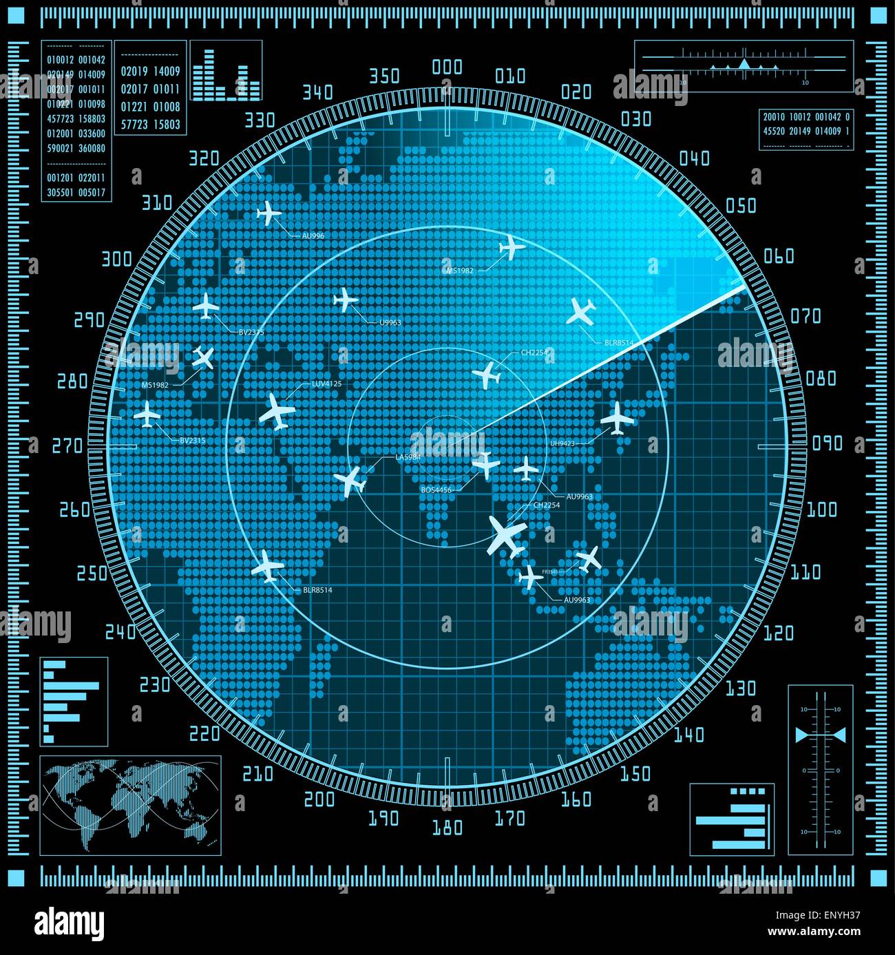 Blue radar screen with planes and world map. Vector EPS10. Stock Vector