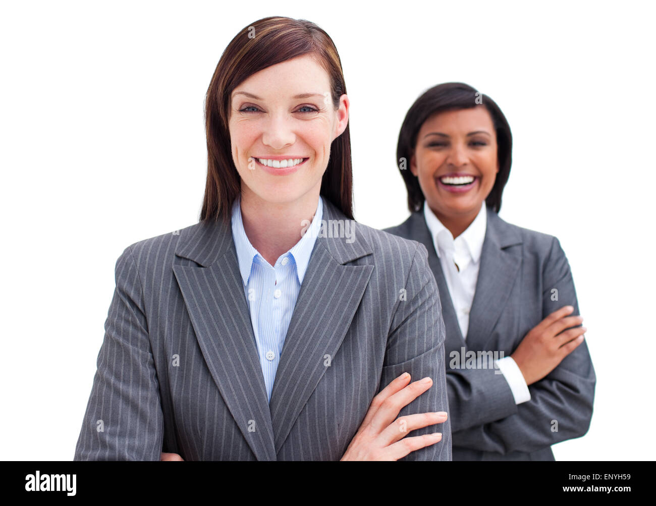Two attractive business women against a white background Stock Photo ...