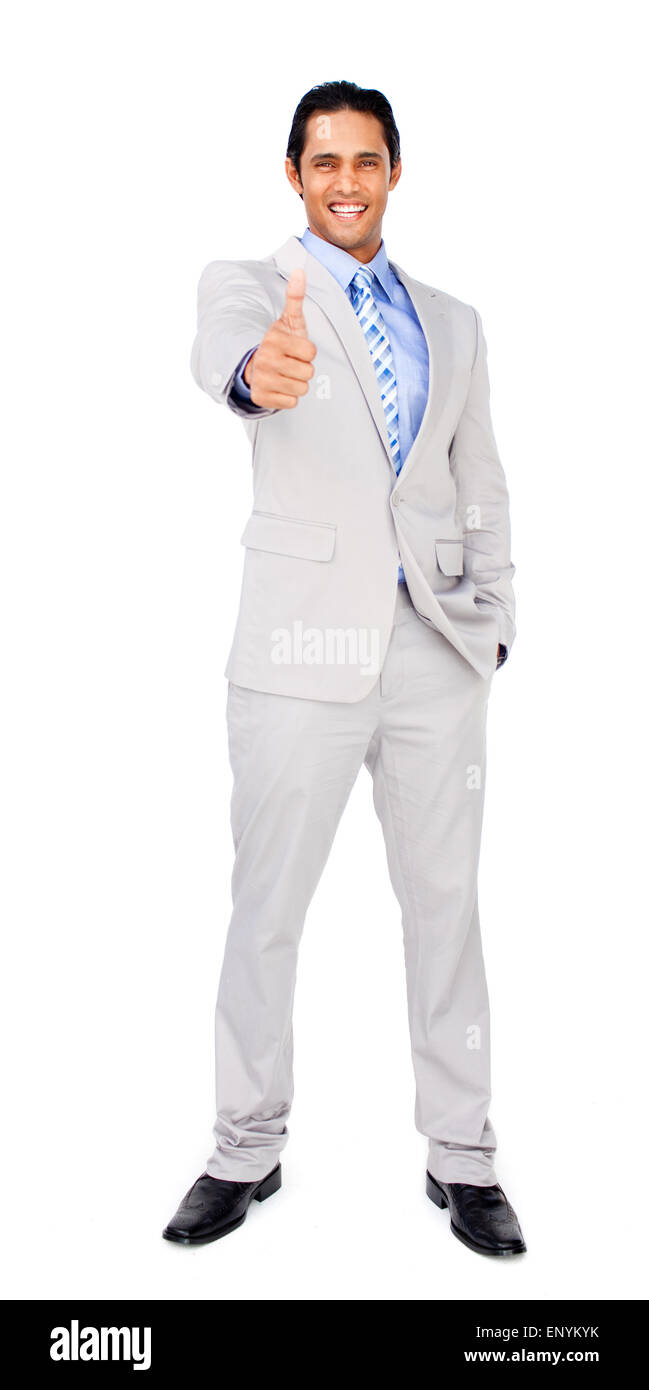 Happy businessman standing with thumb up isolated on a white background ...