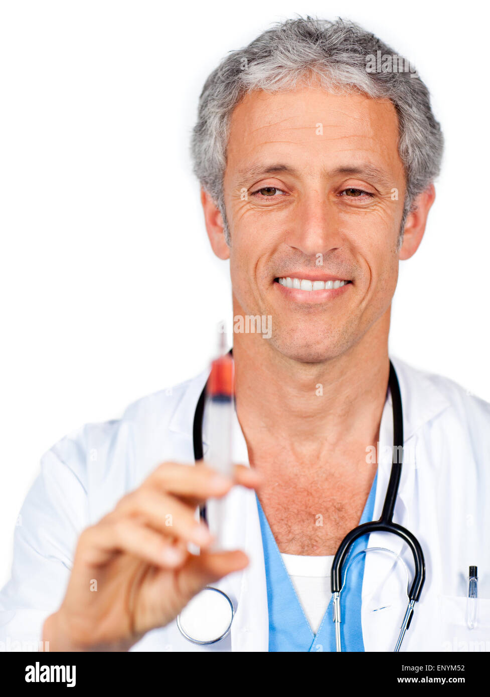 Positive doctor presenting a syringe Stock Photo - Alamy