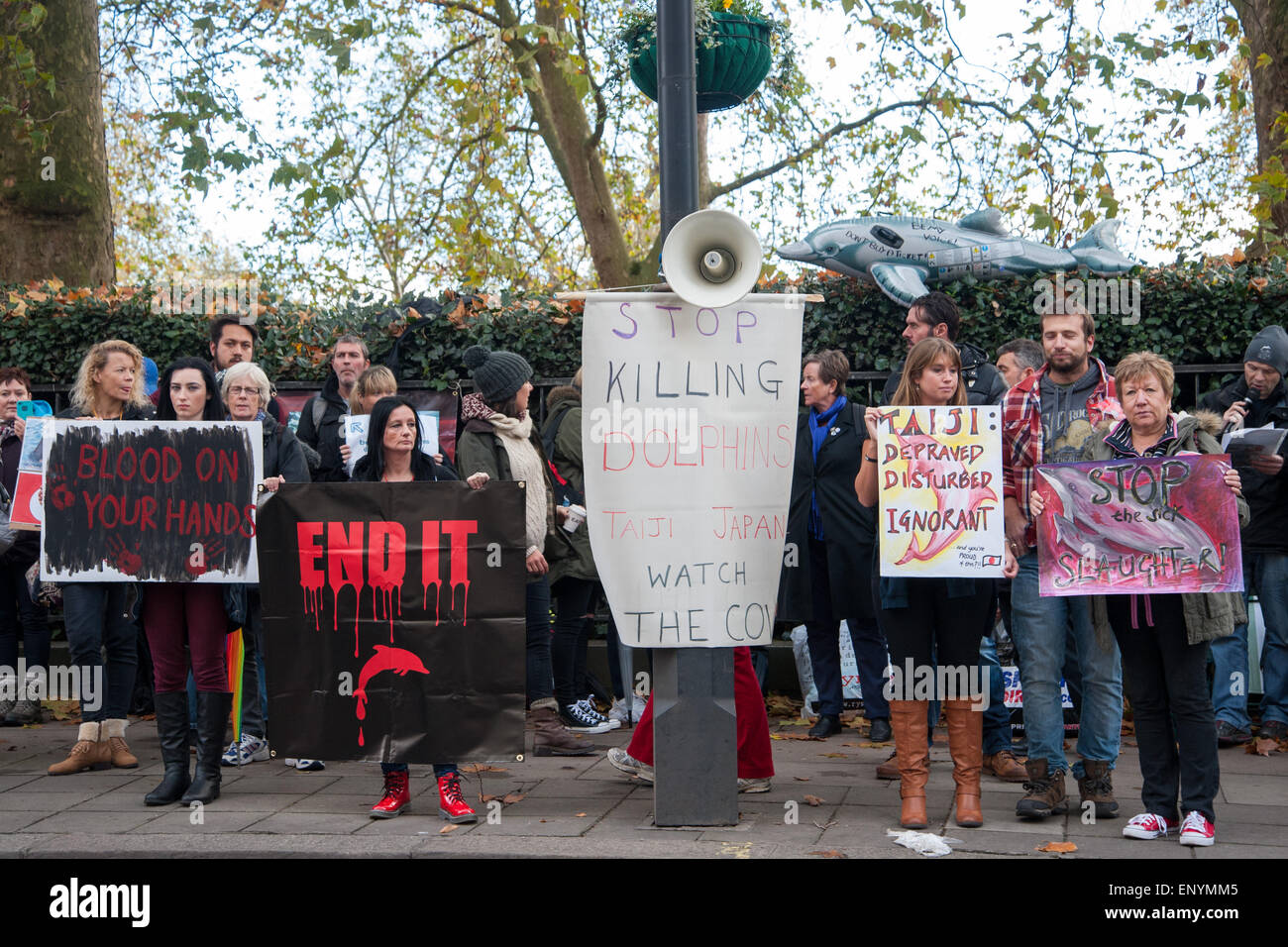 Hundreds of protesters gather opposite the Japanese Embassy in London to protest against the killing of the mammals during the dolphin drives that take place annually from September to March in Taiji, Higashimuro District, Wakayama Prefecture, Japan.  Featuring: View Where: London, United Kingdom When: 07 Nov 2014 Credit: Peter Maclaine/WENN.com Stock Photo