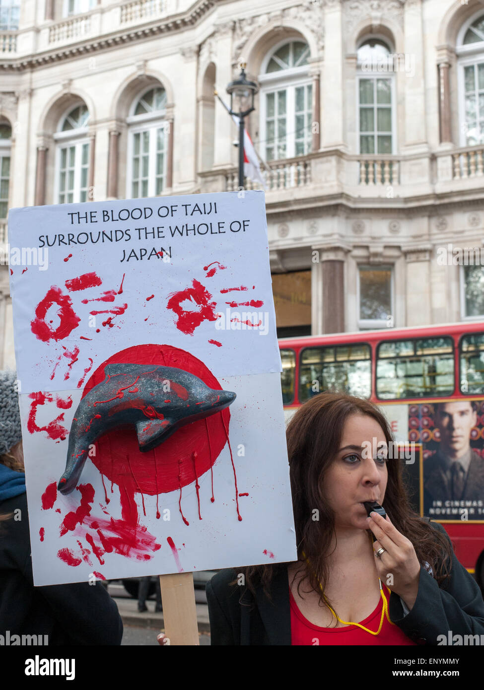 Hundreds of protesters gather opposite the Japanese Embassy in London to protest against the killing of the mammals during the dolphin drives that take place annually from September to March in Taiji, Higashimuro District, Wakayama Prefecture, Japan.  Featuring: View Where: London, United Kingdom When: 07 Nov 2014 Credit: Peter Maclaine/WENN.com Stock Photo