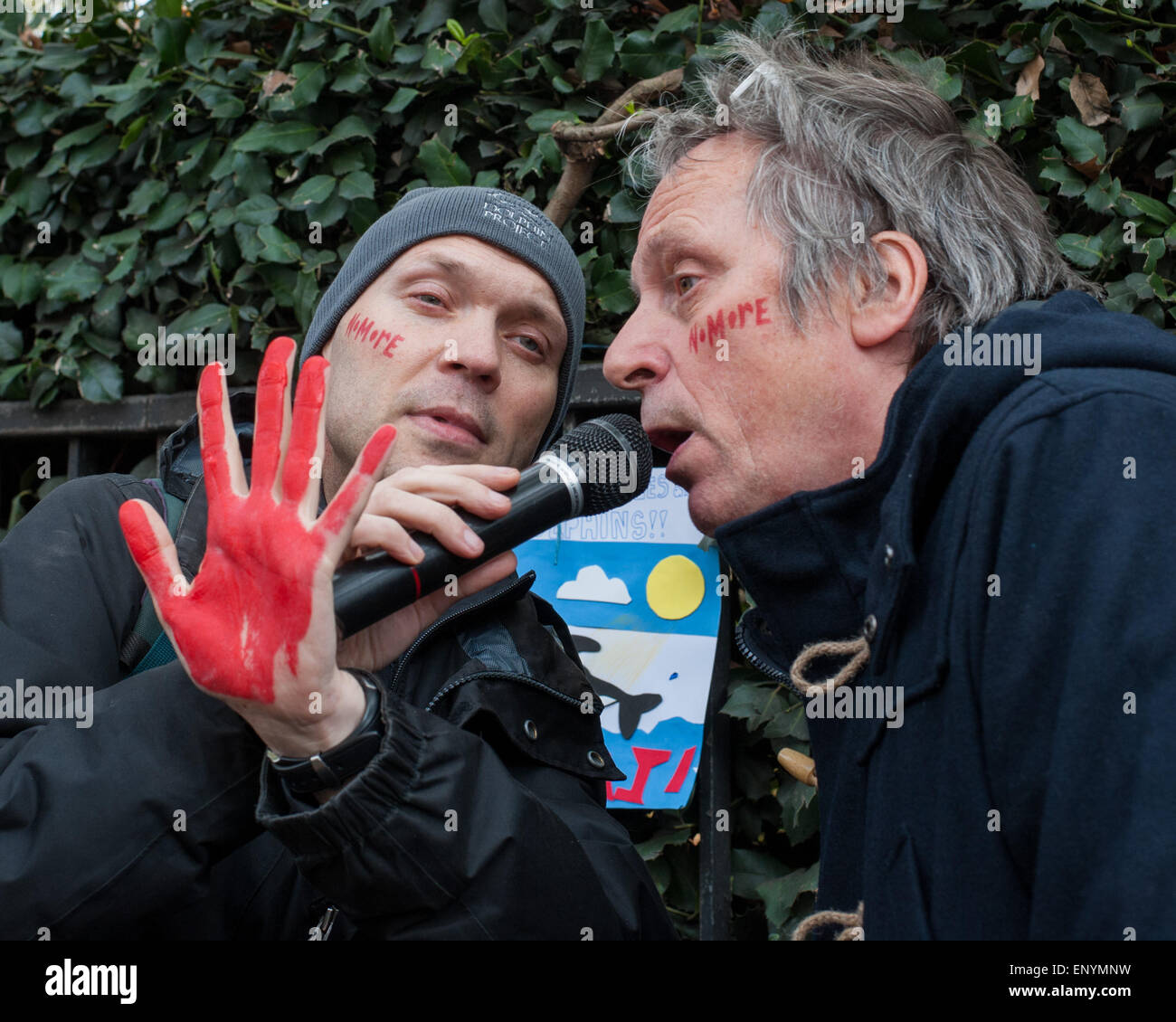 Hundreds of protesters gather opposite the Japanese Embassy in London to protest against the killing of the mammals during the dolphin drives that take place annually from September to March in Taiji, Higashimuro District, Wakayama Prefecture, Japan.  Featuring: View Where: London, United Kingdom When: 07 Nov 2014 Credit: Peter Maclaine/WENN.com Stock Photo