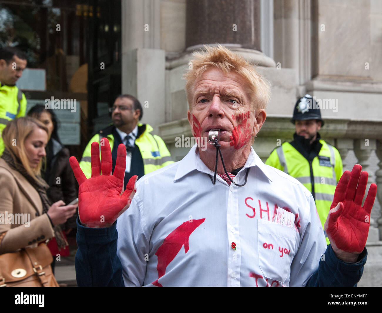 Hundreds of protesters gather opposite the Japanese Embassy in London to protest against the killing of the mammals during the dolphin drives that take place annually from September to March in Taiji, Higashimuro District, Wakayama Prefecture, Japan.  Featuring: View Where: London, United Kingdom When: 07 Nov 2014 Credit: Peter Maclaine/WENN.com Stock Photo