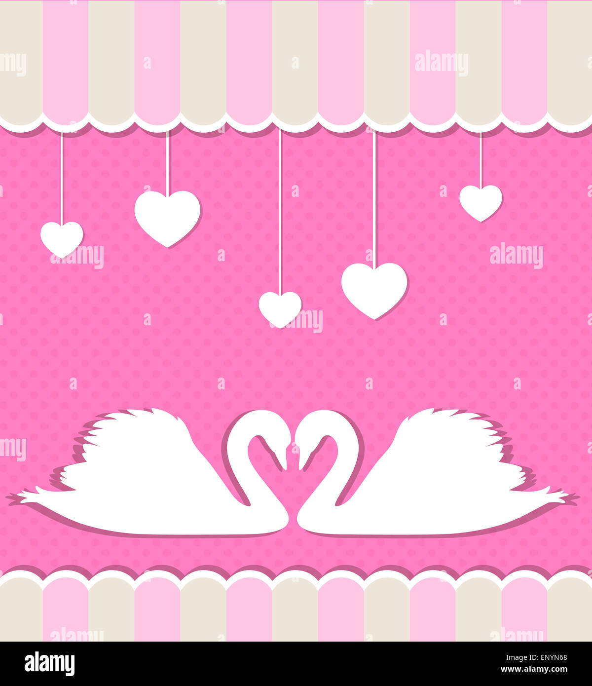 Pink background with two white swans and hearts Stock Photo