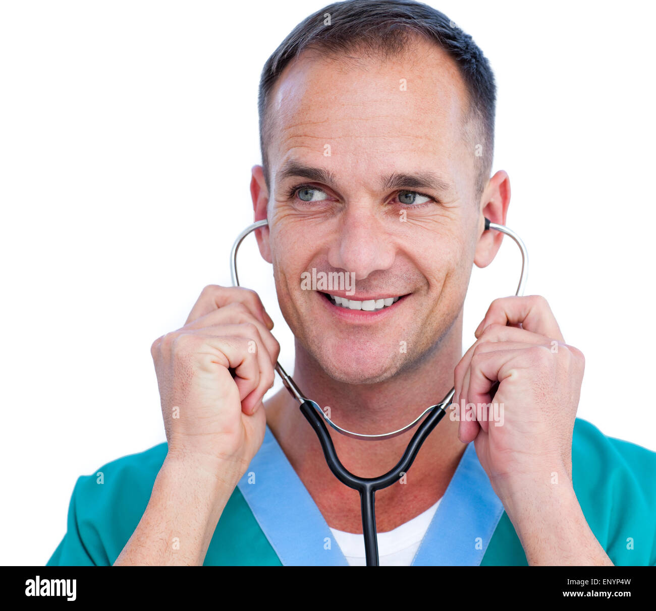 Portrait of a charismatic male doctor holding a stethoscope against a ...