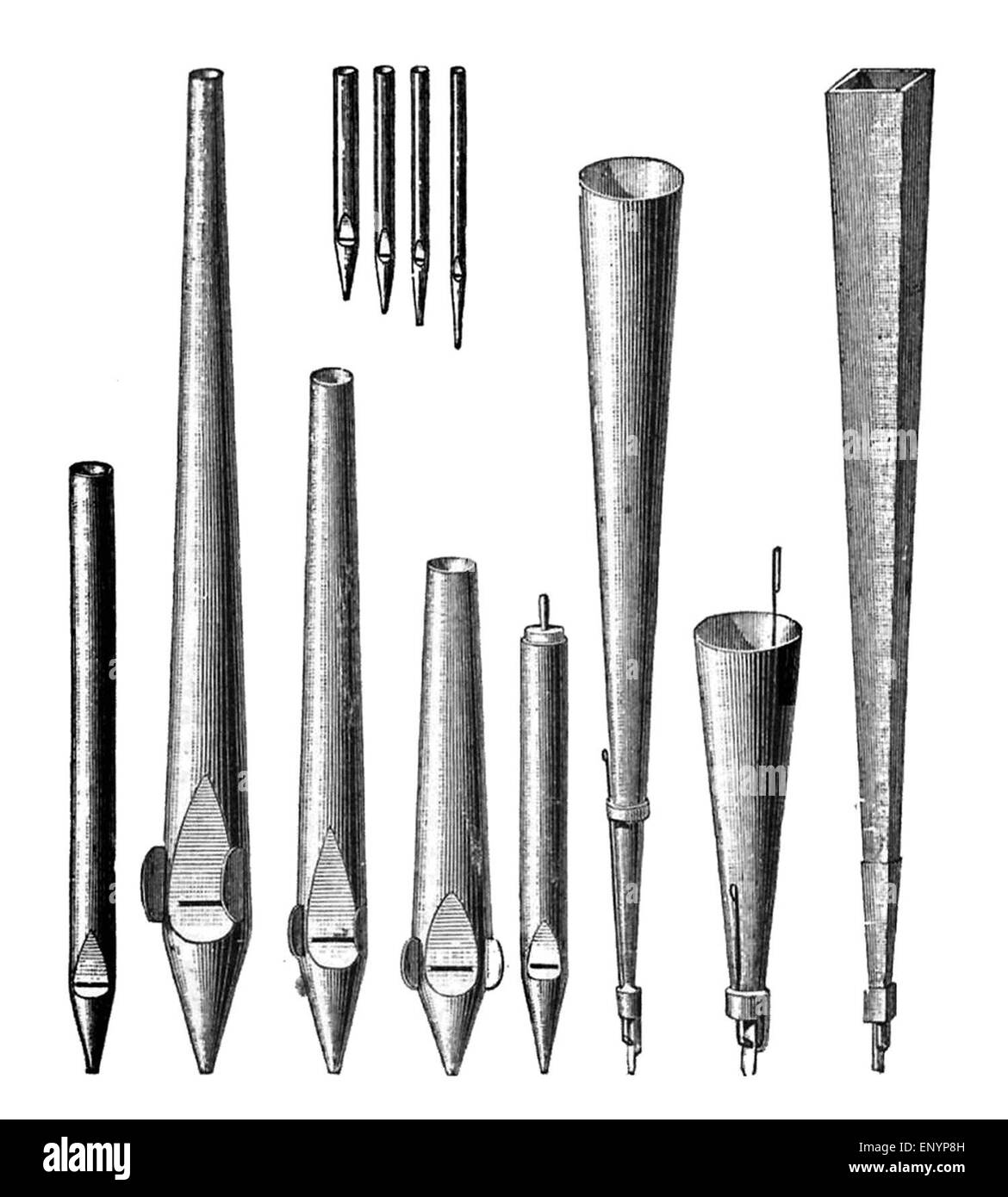 1800s drawing showing different types of organ pipes or stops. The little pipes on the top are identified as 'Mixture (4 ranks).'  The remainder of the pipes from left to right are identified as Principal (4 feet), Spitz-flöte (8 and 4 feet), Twelfth (3 feet), Cornet, Flute (8 and 4 feet), Trumpet (8 and 4 feet), Vox humana (8 feet), Bombarde or double reed (16 and 8 feet) Stock Photo