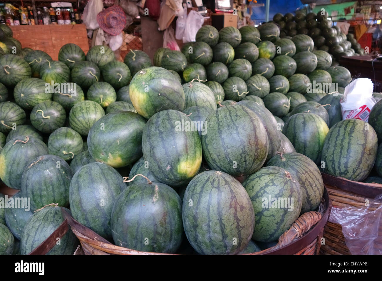 Watermelons on a stall in a Bangkok food market, Thailand, February Stock Photo