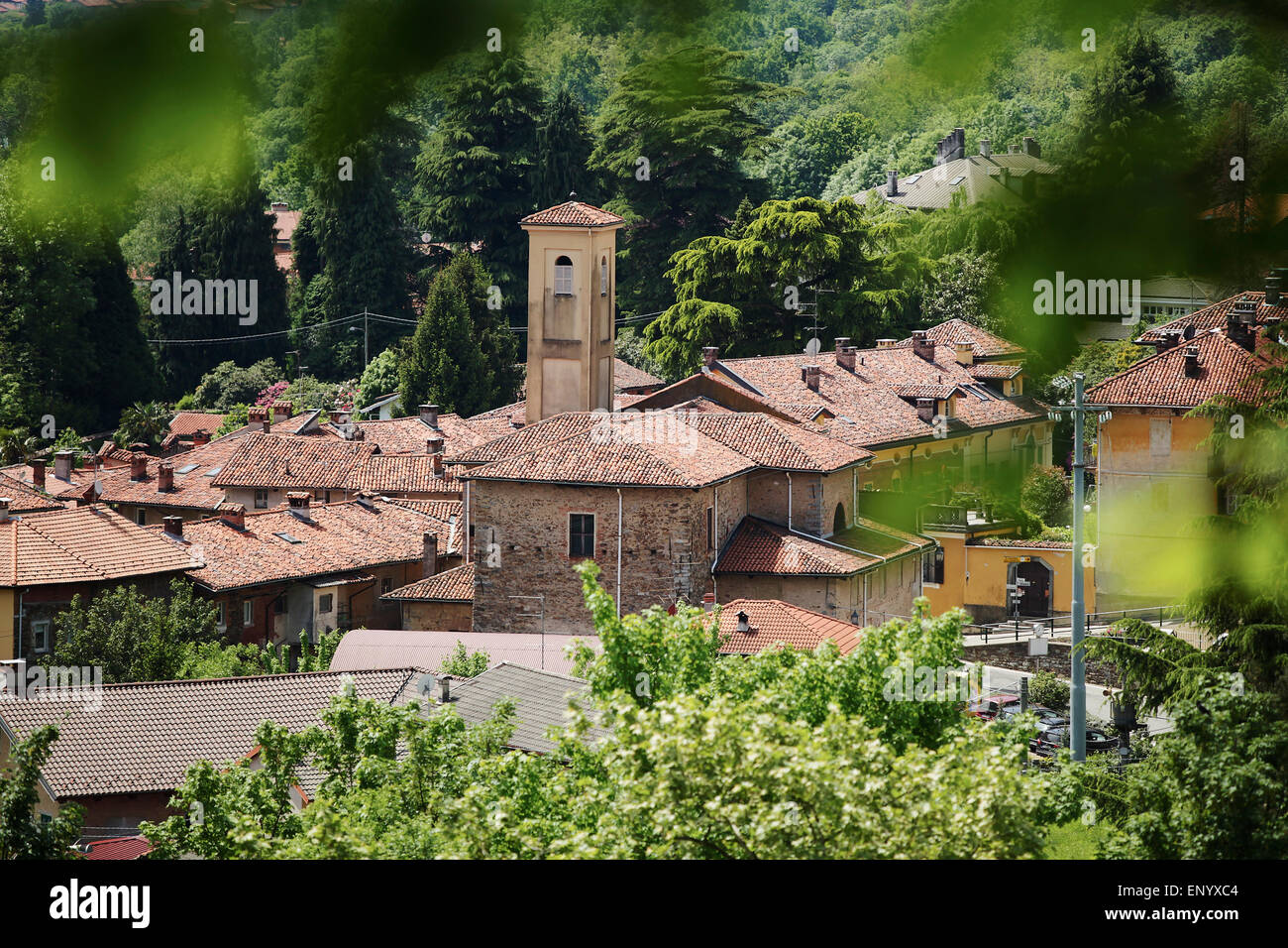 A small town viewed from the hillside near Biella, Italy Stock Photo