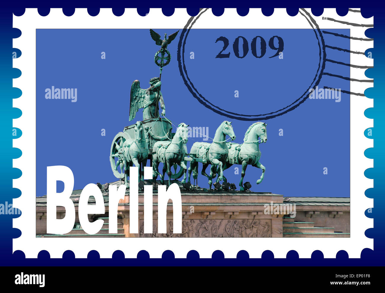 Symbolbild/ Briefmarke: die Quadriga auf dem Brandenburger Tor/ symbolic image/ stamp: the Quadriga on the Brandenburg gate, Berlin. Stock Photo