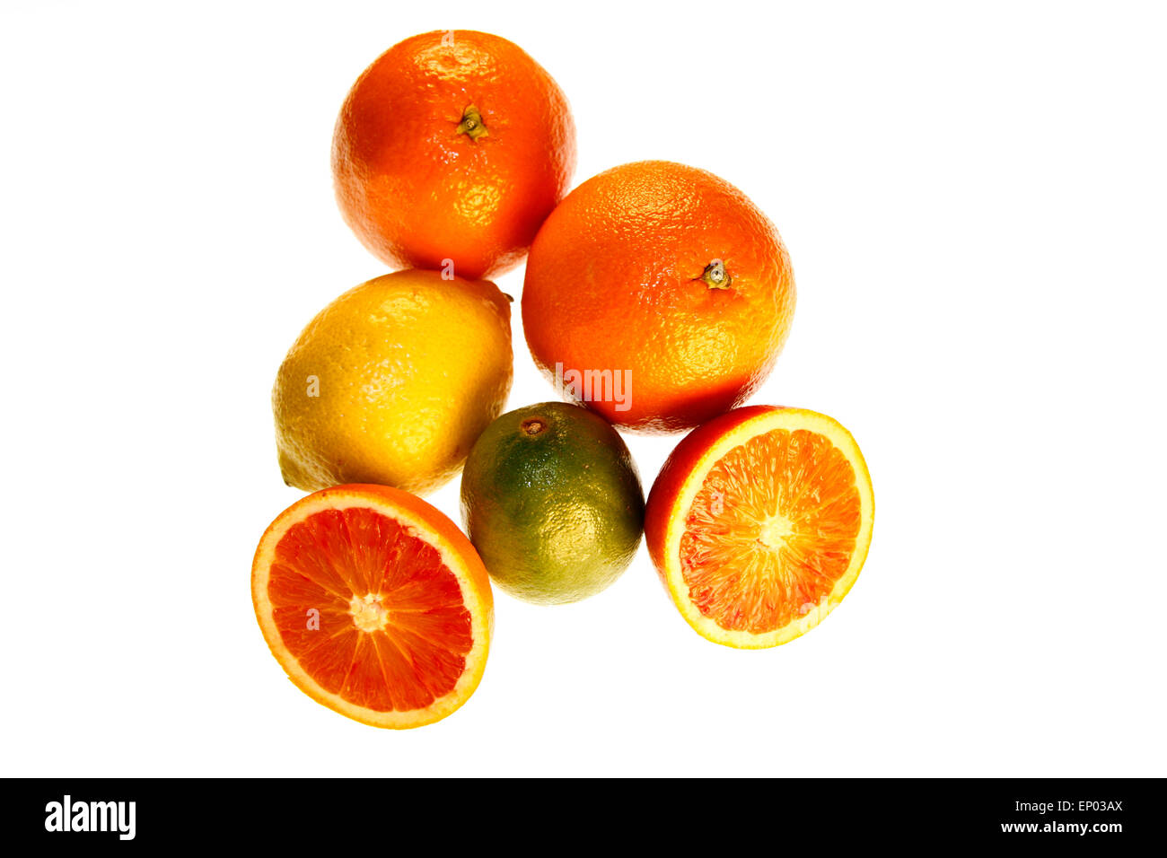 Suedfruechte: Blutorange, Zitrone, Orange, Limette - Symbolbild Nahrungsmittel. Stock Photo