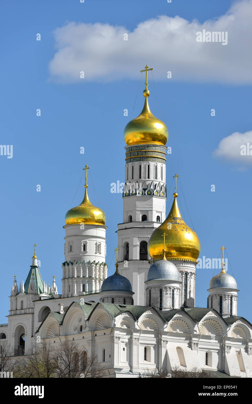 Cathedral of Archangel (Archangel Michael) and Ivan Great Bell Tower, Moscow Kremlin in Russia Stock Photo