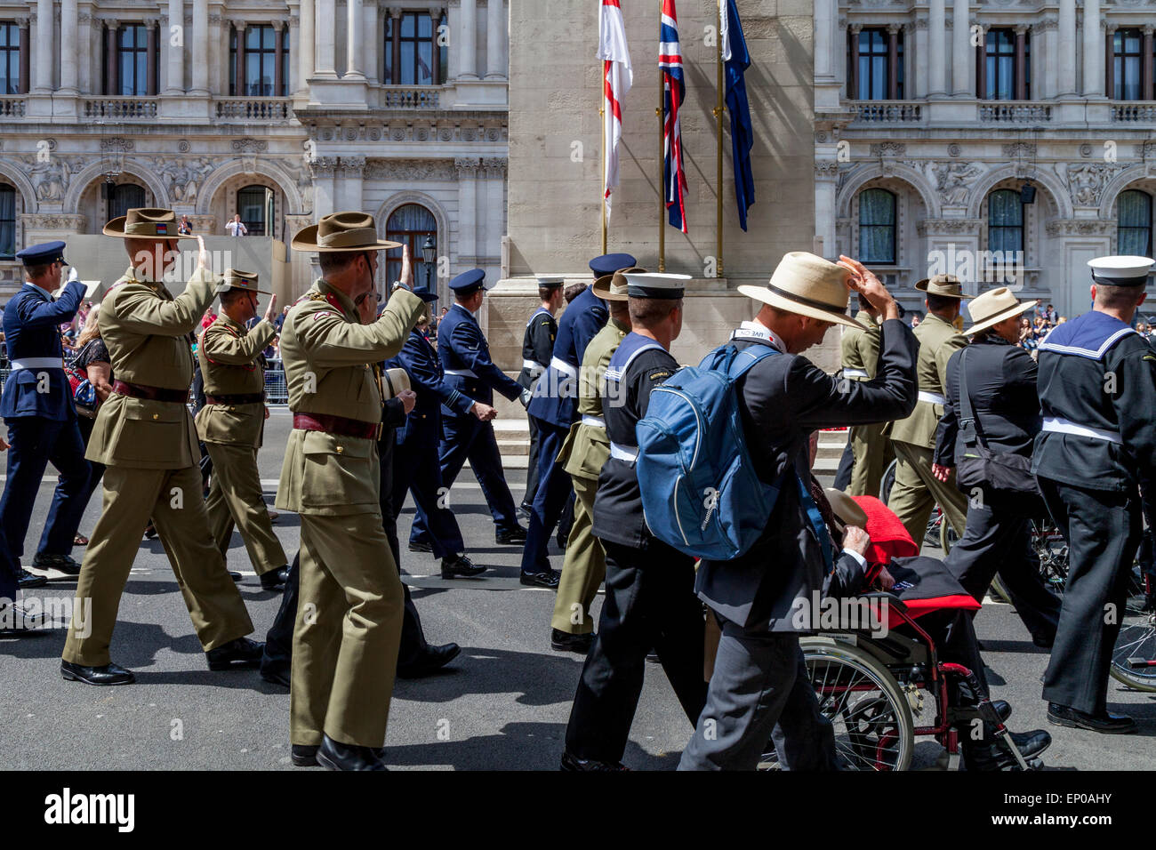 A British Army War Veterans Parade Passes The Cenotaph War Memorial On The 70th Anniversary Of VE Day, London, England Stock Photo