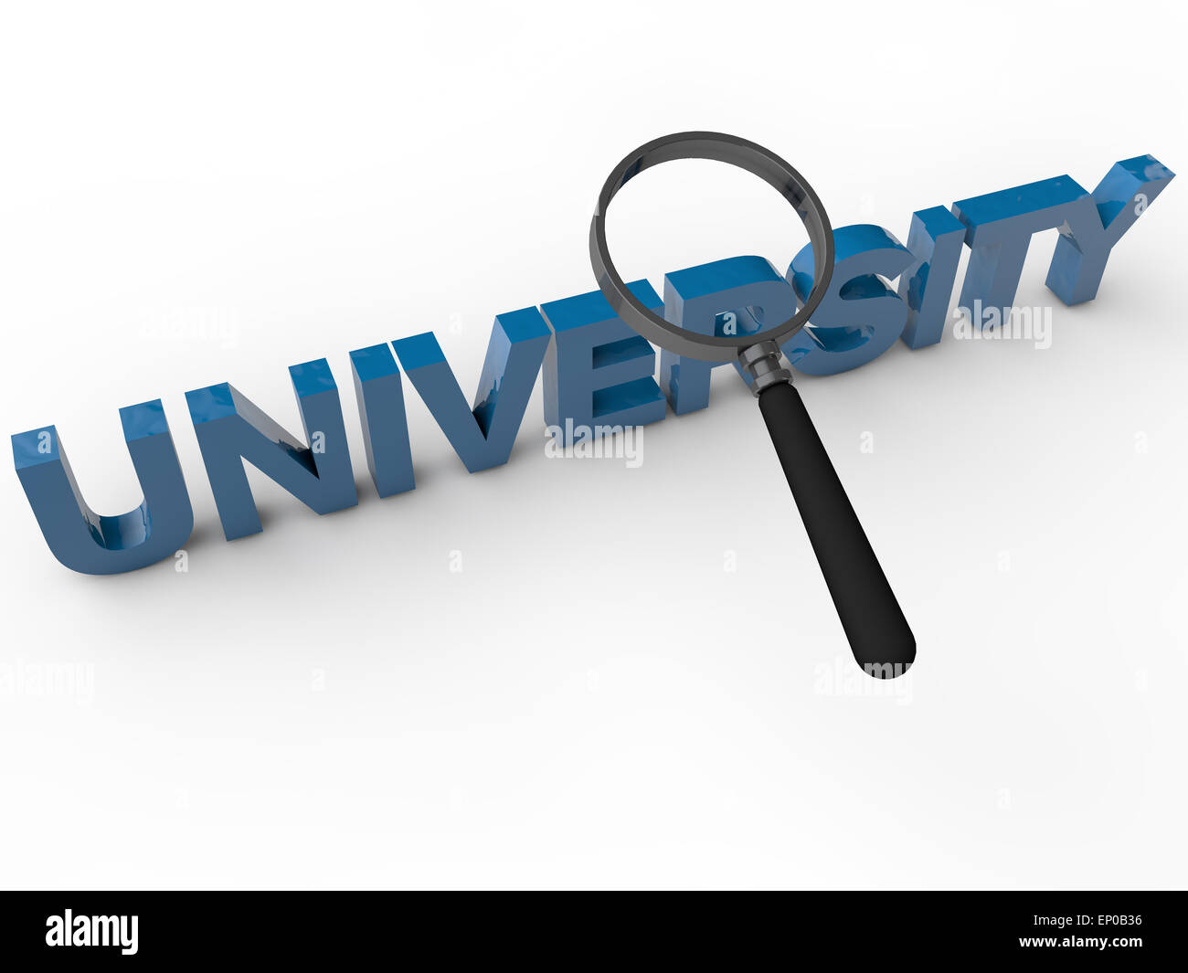 University - 3D Text with magnifier over white Background Stock Photo