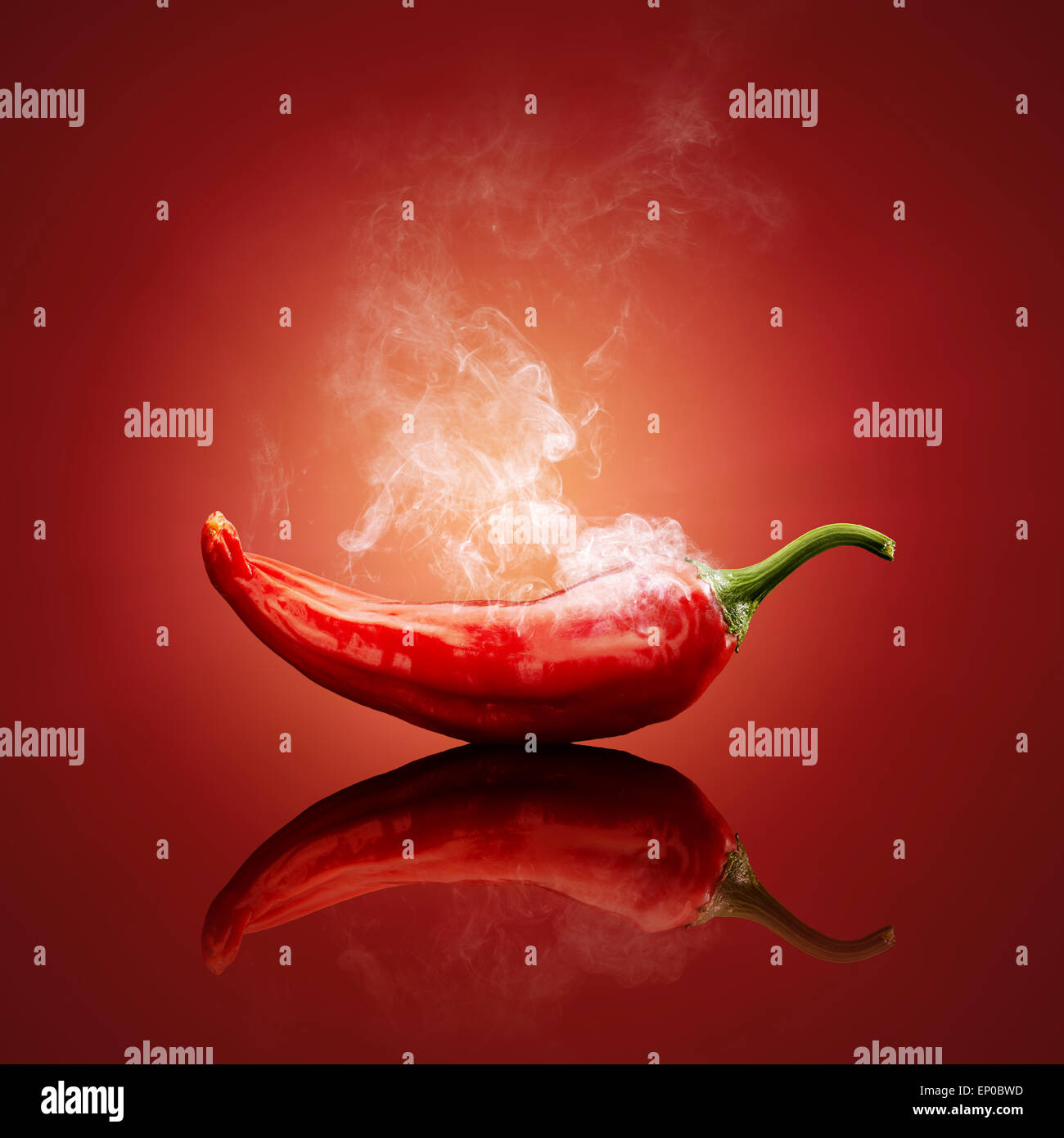 Smoking hot red chilli with reflection Stock Photo