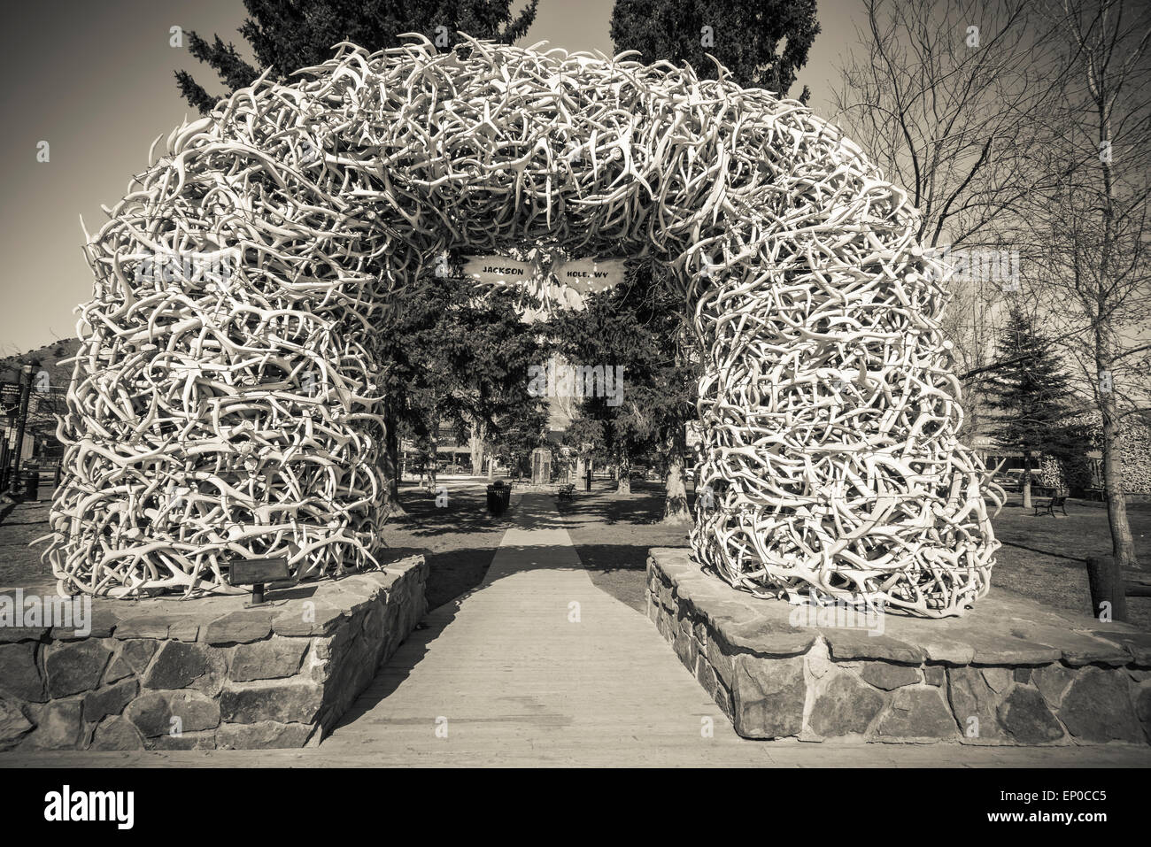 Elk antler arch in the town square, Jackson Hole, Wyoming USA Stock