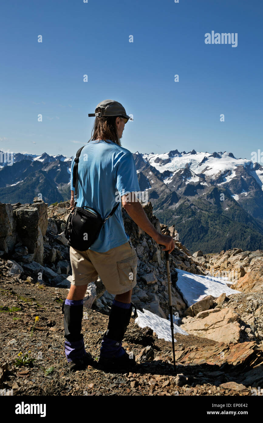 WASHINGTON - Hiker on Mount Carrie in the Bailey Range gazing across the Hoh River Valley to Mount Olympus and Mount Tom. Stock Photo