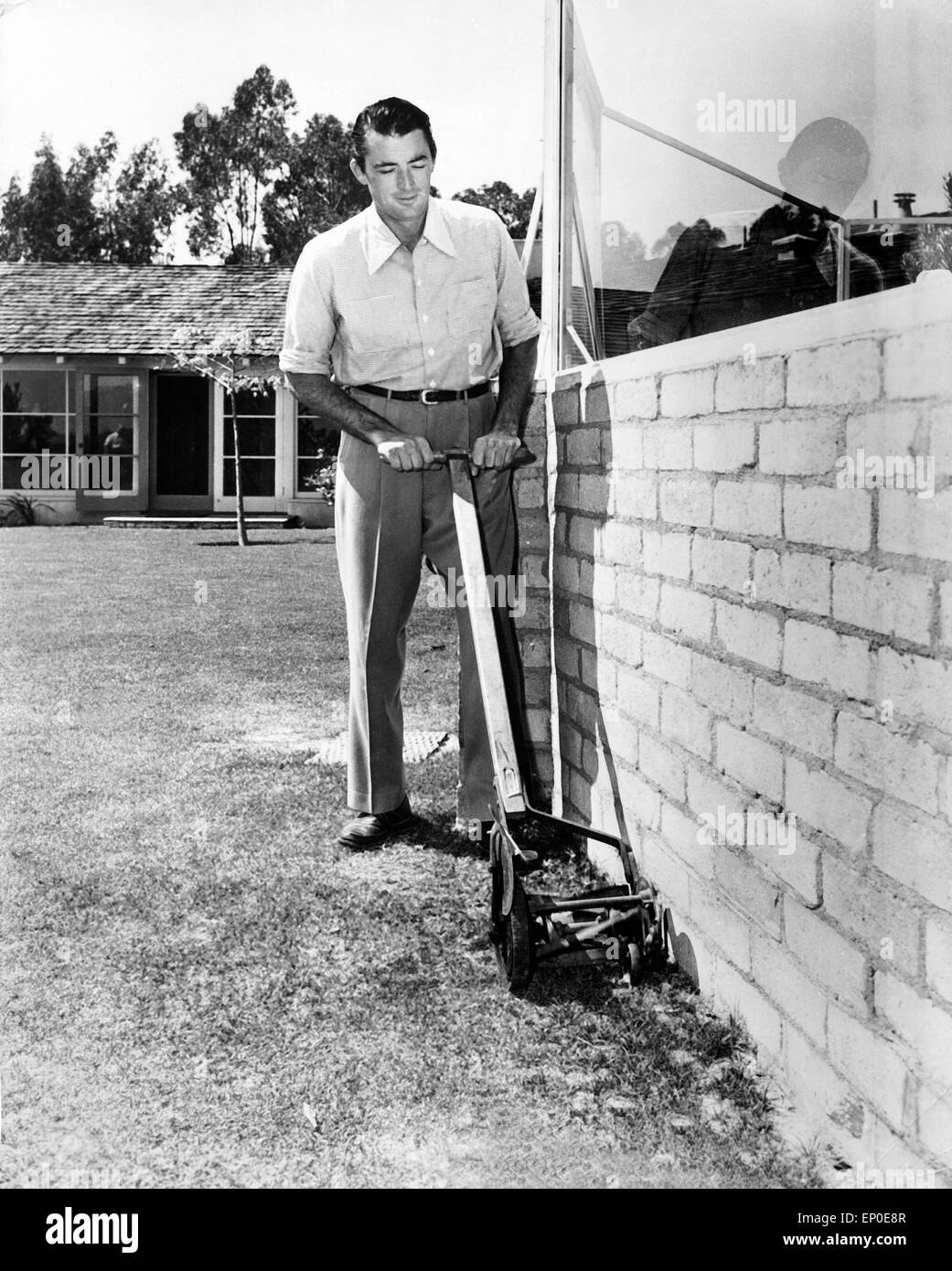 Der amerikanische Schauspieler Gregory Peck beim Rasenmähen, 1950er Jahre. American actor Gregory Peck mowing a meadow, 1950s. Stock Photo