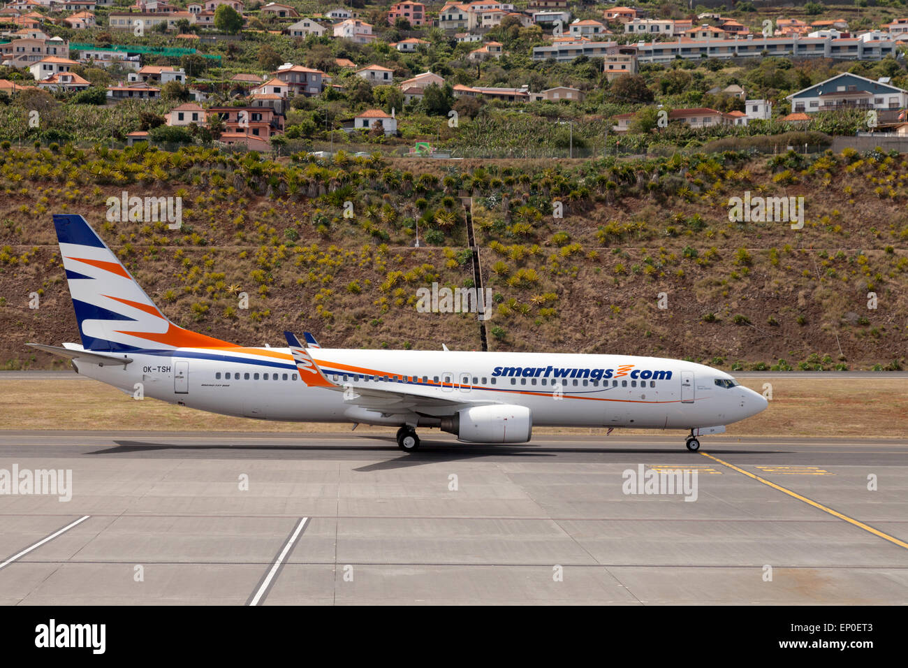 A Smartwings airline Boeing 737-800 plane on the ground, Funchal airport, Madeira Europe Stock Photo