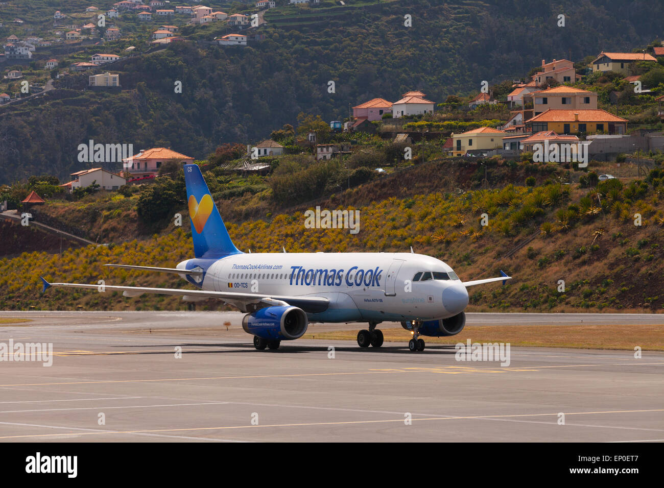 A Thomas Cook airlines plane on the ground at Funchal airport, Madeira, Europe Stock Photo