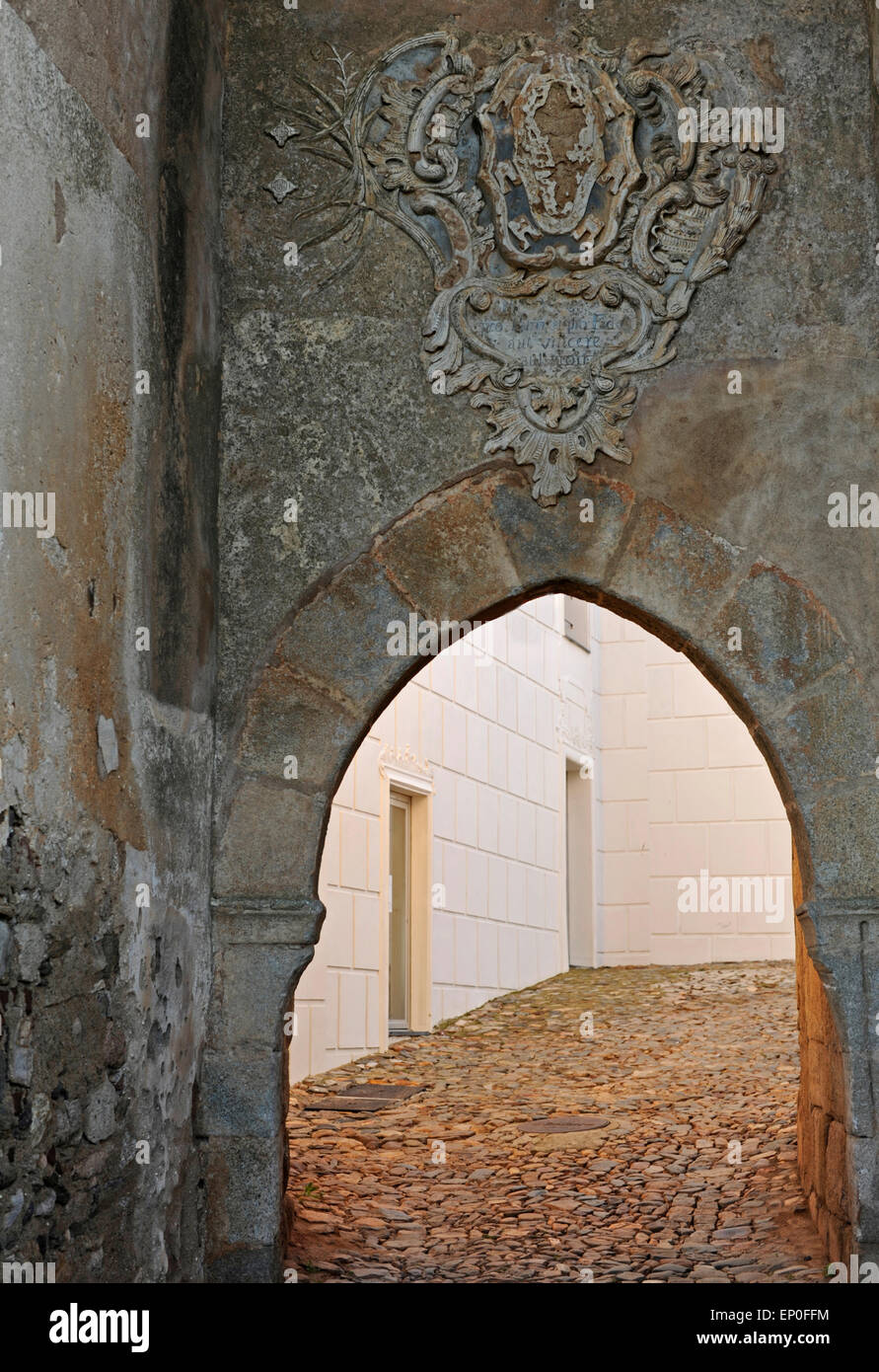 Medieval gateway in the castle wall at Ouguela, Portugal Stock Photo