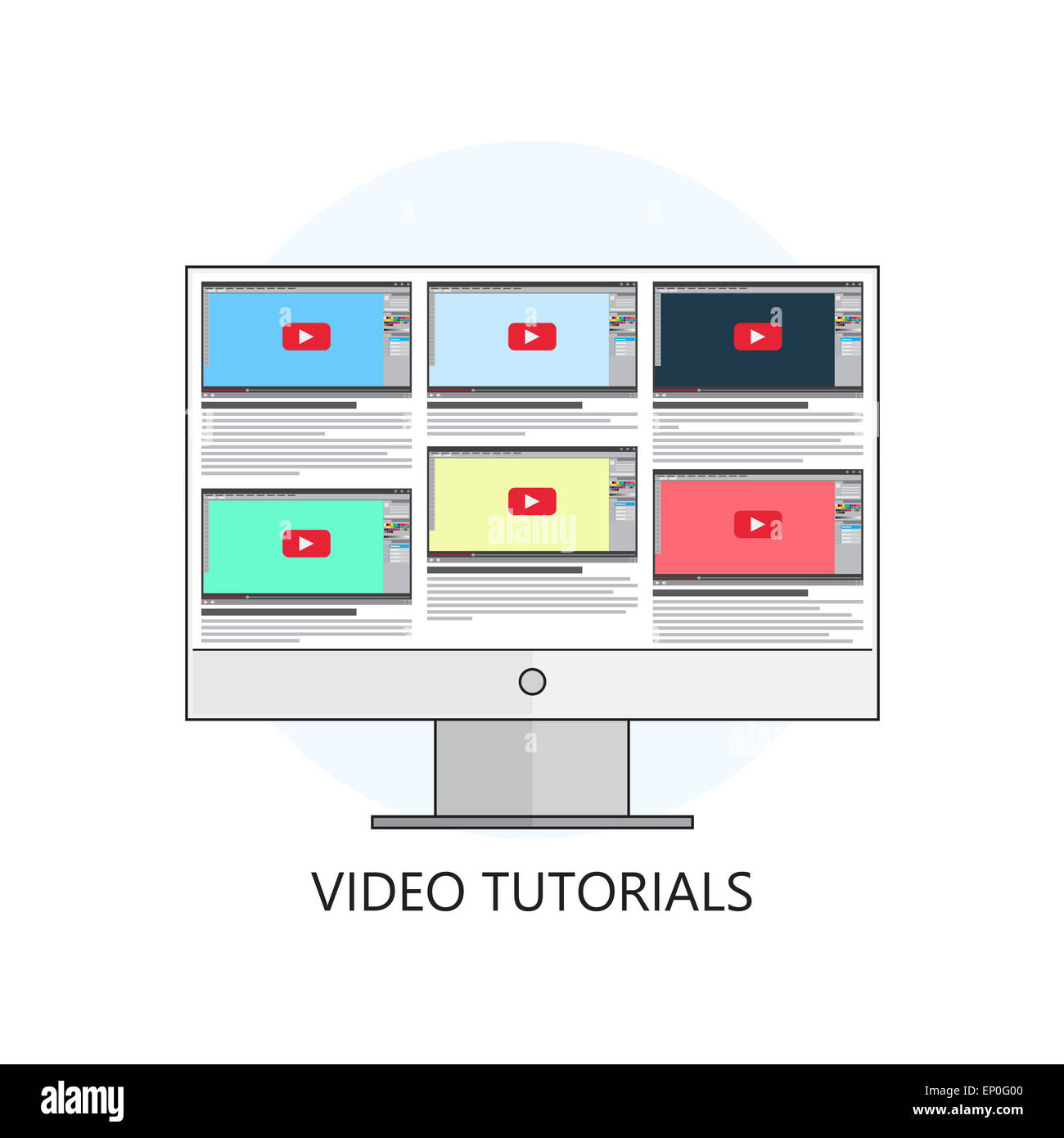 Flat vector illustration.Video tutorials. Study and learning concept background. Distance education. Internet and video services Stock Photo