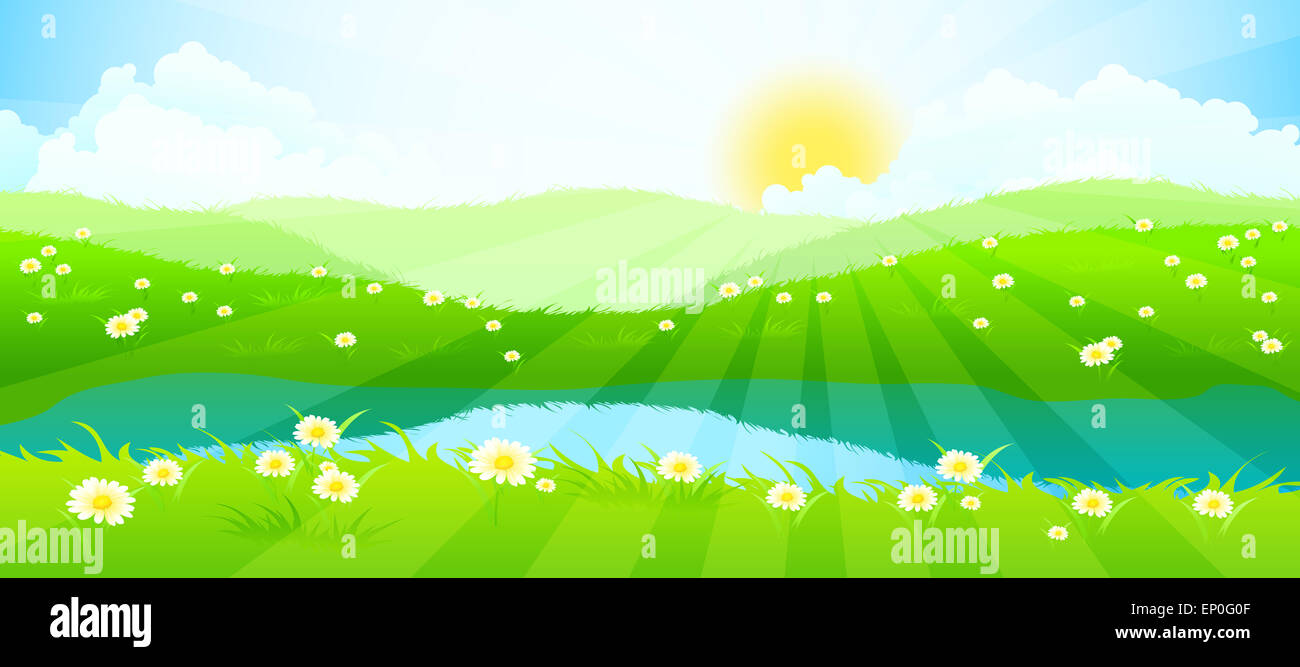 Green Landscape with Clouds, Flowers and River Stock Photo - Alamy