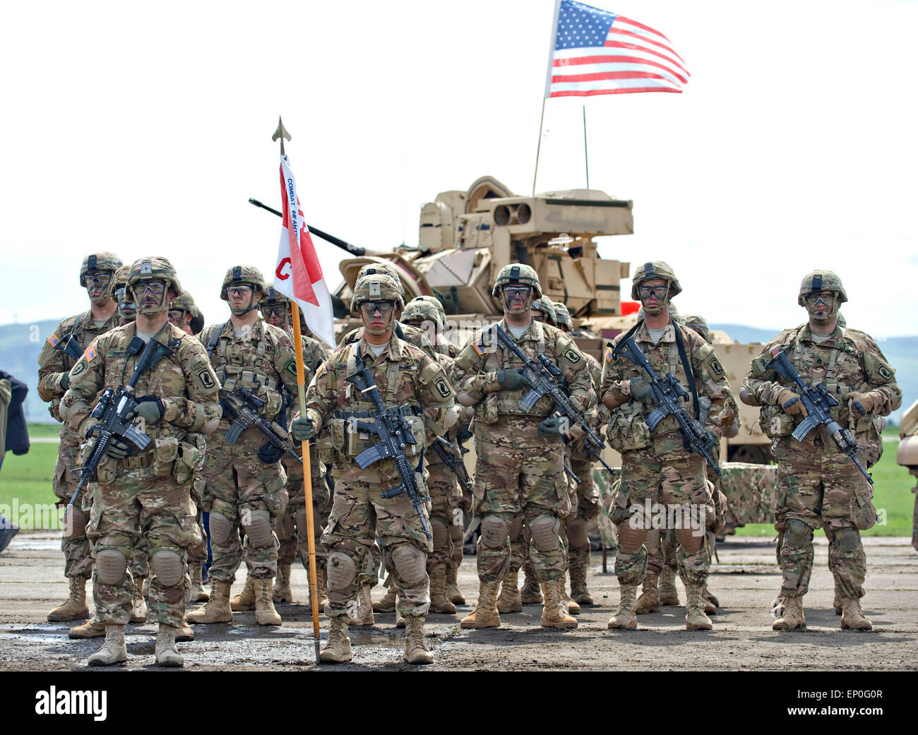 U.S. Army soldiers from the 91st Cavalry Regiment stand in formation during a ceremony kicking off exercise Noble Partner May 11, 2015 in Vaziani, Georgia. Noble Partner is a field training and live-fire exercise between the U.S. Army and the Georgian military. Stock Photo