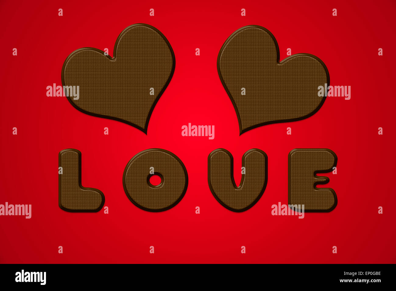 Love letters and hearts in chocolate for valentine day. Illustration on red background. Stock Photo