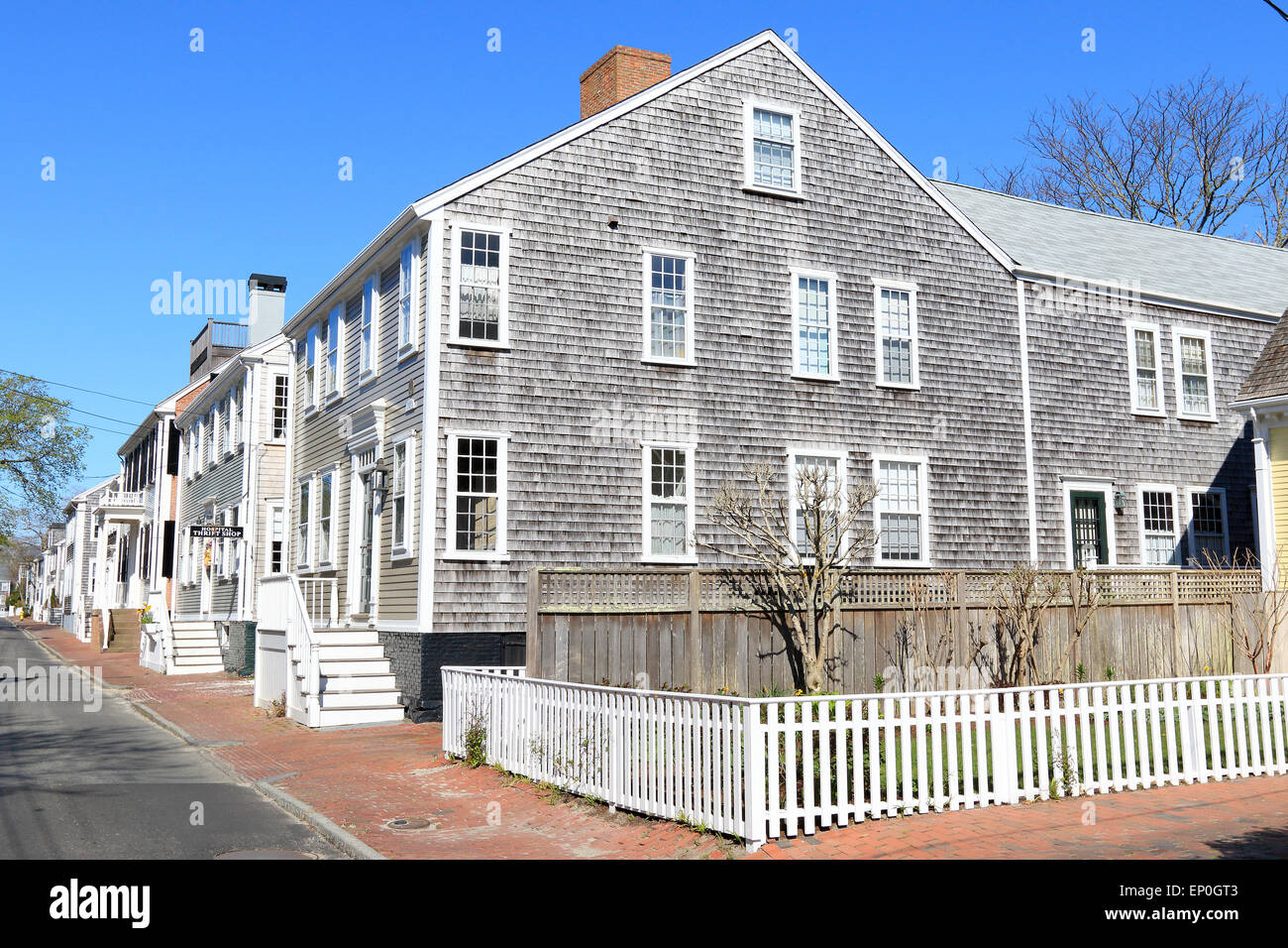 Nantucket Massachusetts on Nantucket Island. Old wooden house near downtown with wooden cedar shingles. Stock Photo