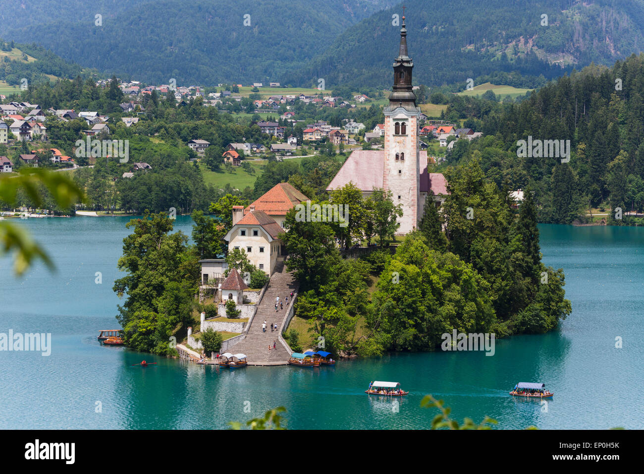 Bled, Upper Carniola, Slovenia.  Church of the Assumption on Bled Island. Stock Photo