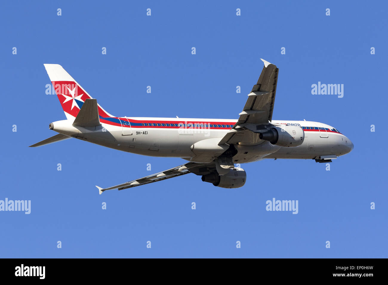 Air Malta A320 in retro livery taking off from runway 13. Stock Photo