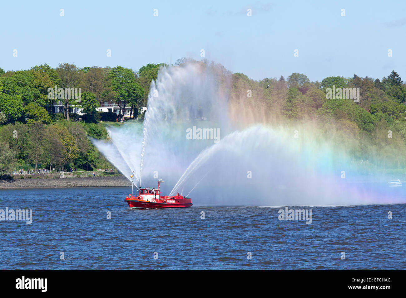 fire brigade boat on River Elbe during 826. Harbour Birthday, Hamburg, Germany Stock Photo