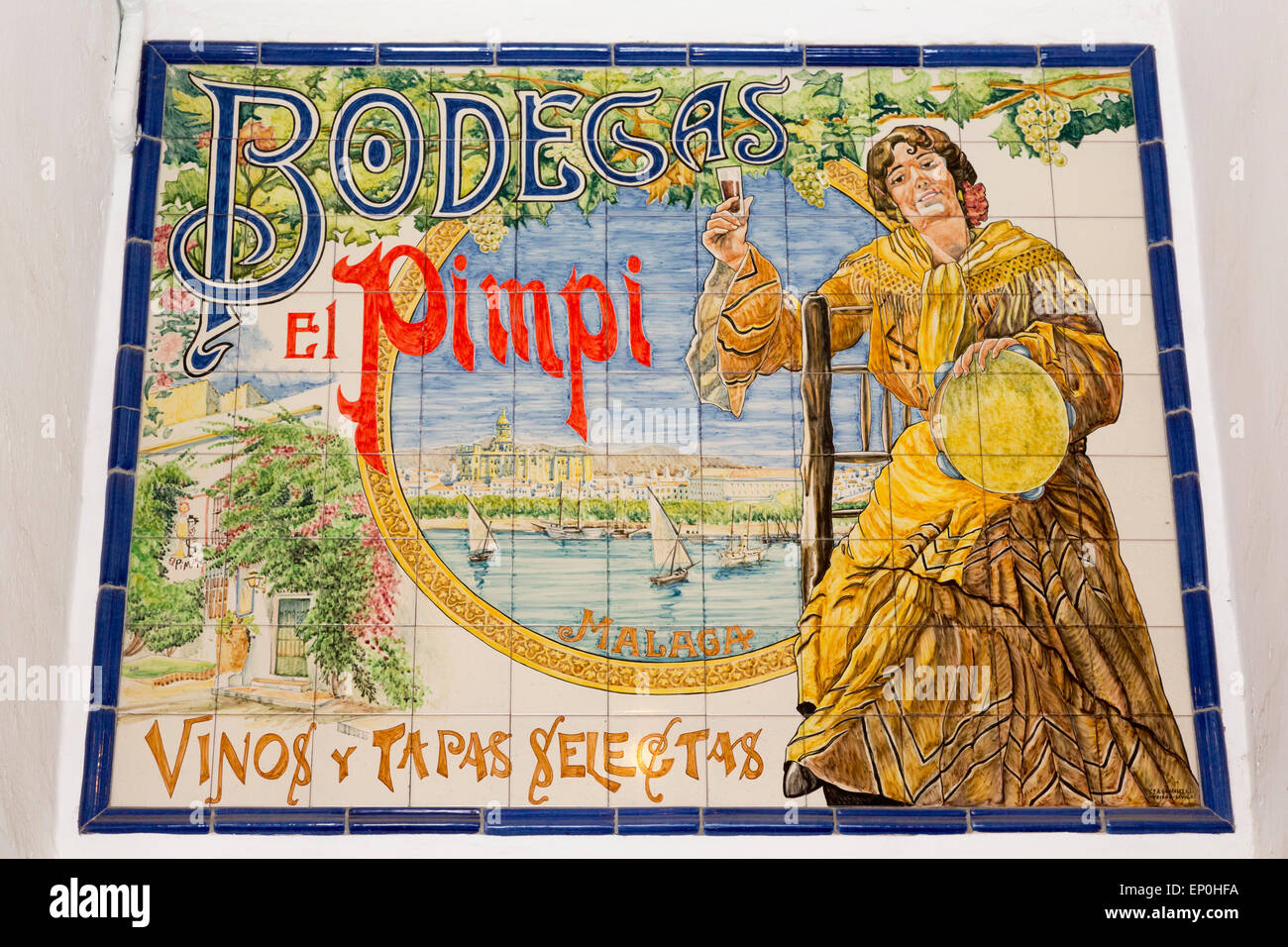 Ceramic tile painting advertising the typical bar-cafe, Bodegas El Pimpi in Calle Granada, Malaga, Malaga Province, Andalusia, s Stock Photo