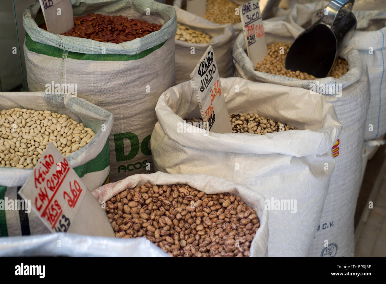 sacks of nuts and pulses in a shop in Lisbon Portugal Stock Photo