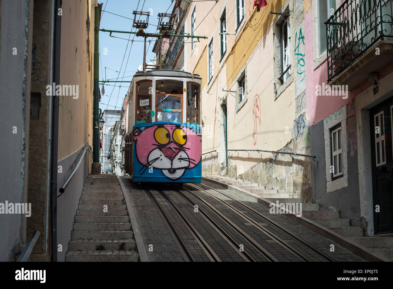 elevador da bica tram system in Bairro Alto, Lisbon Portugal. Stock Photo