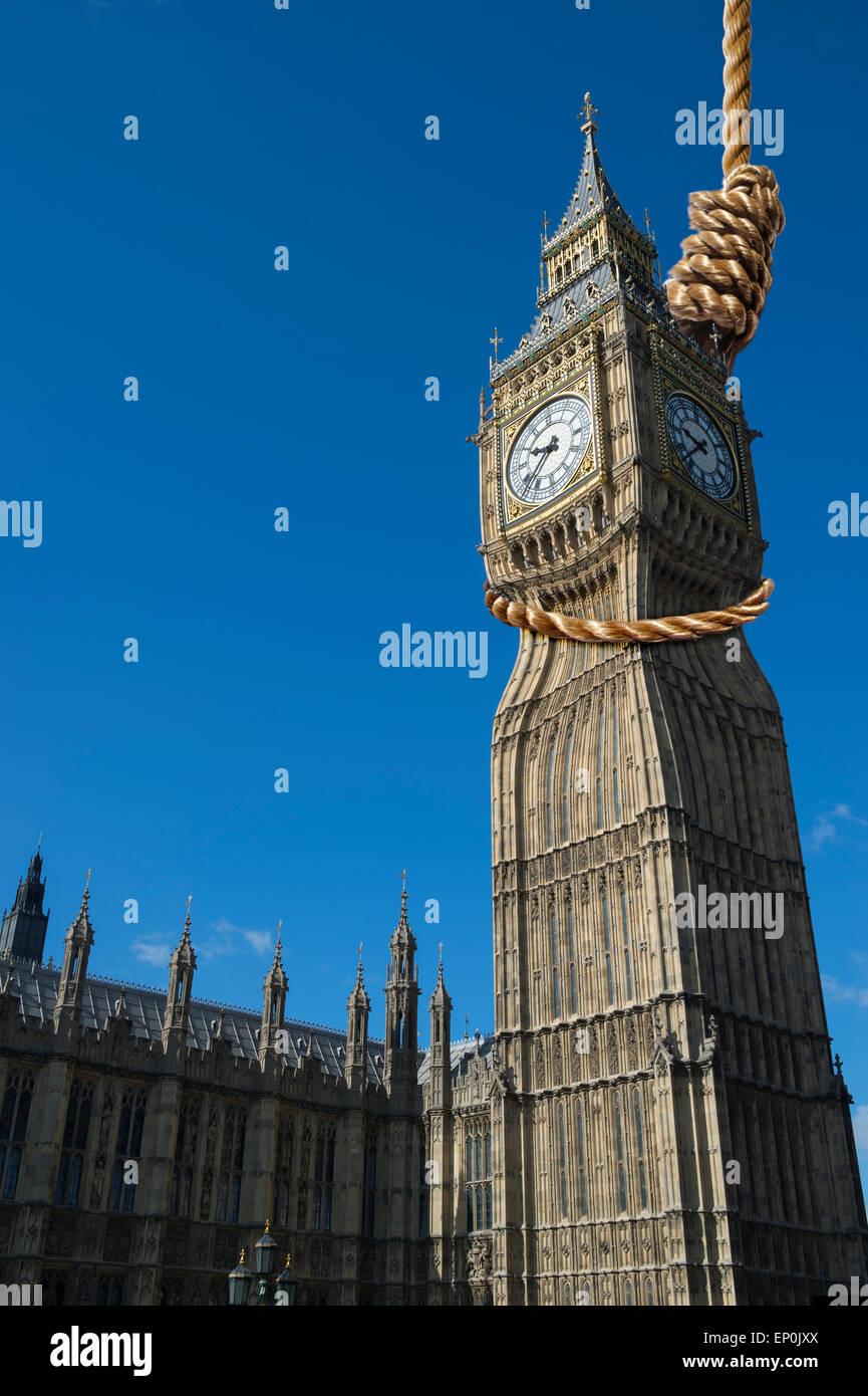 UK politics concept of Westminster hung parliament represented by Big Ben  hanging limp by a rope noose Stock Photo - Alamy