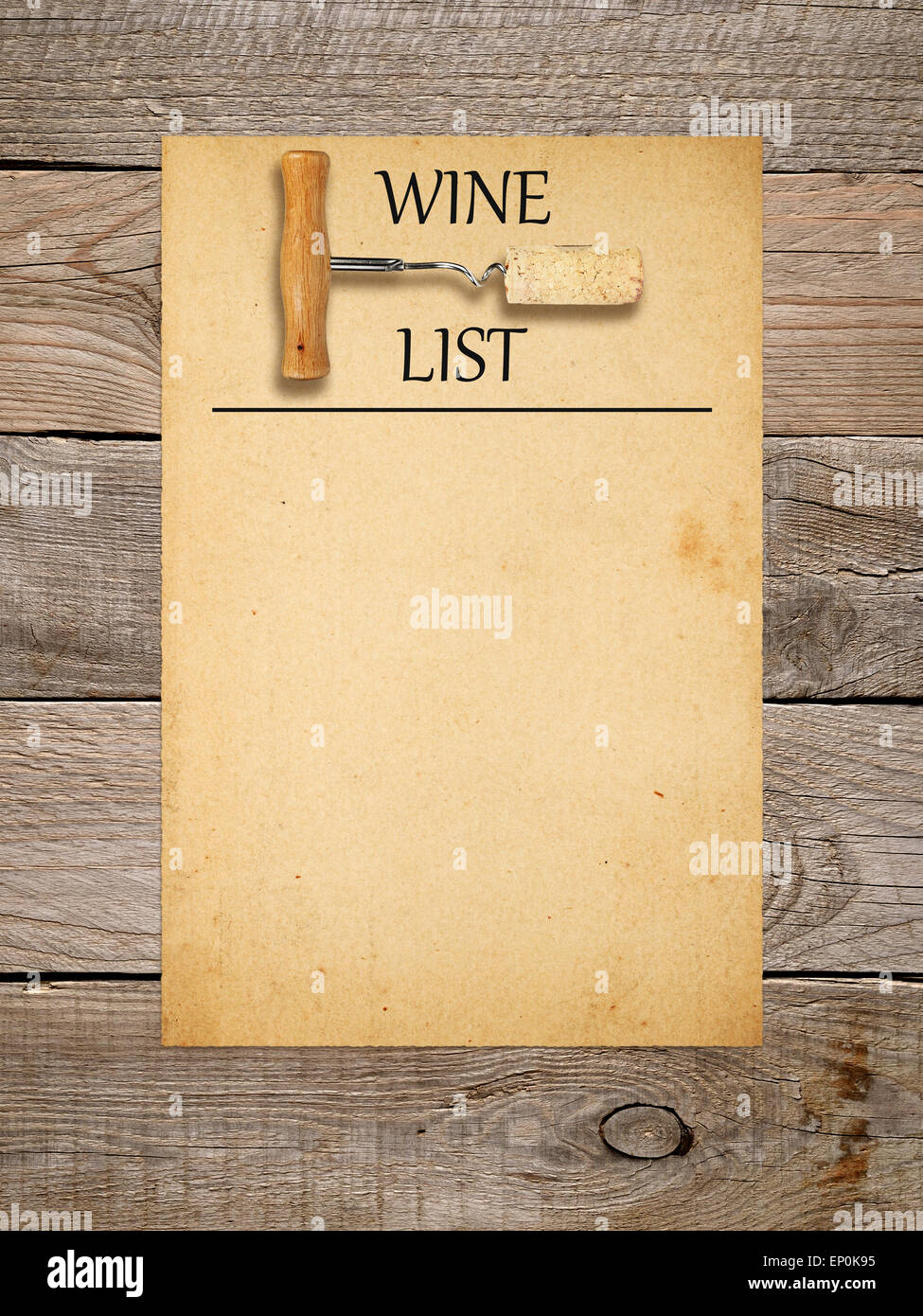 Wine List Design Corkscrew With Cork And Old Paper On Wooden Stock Photo Alamy