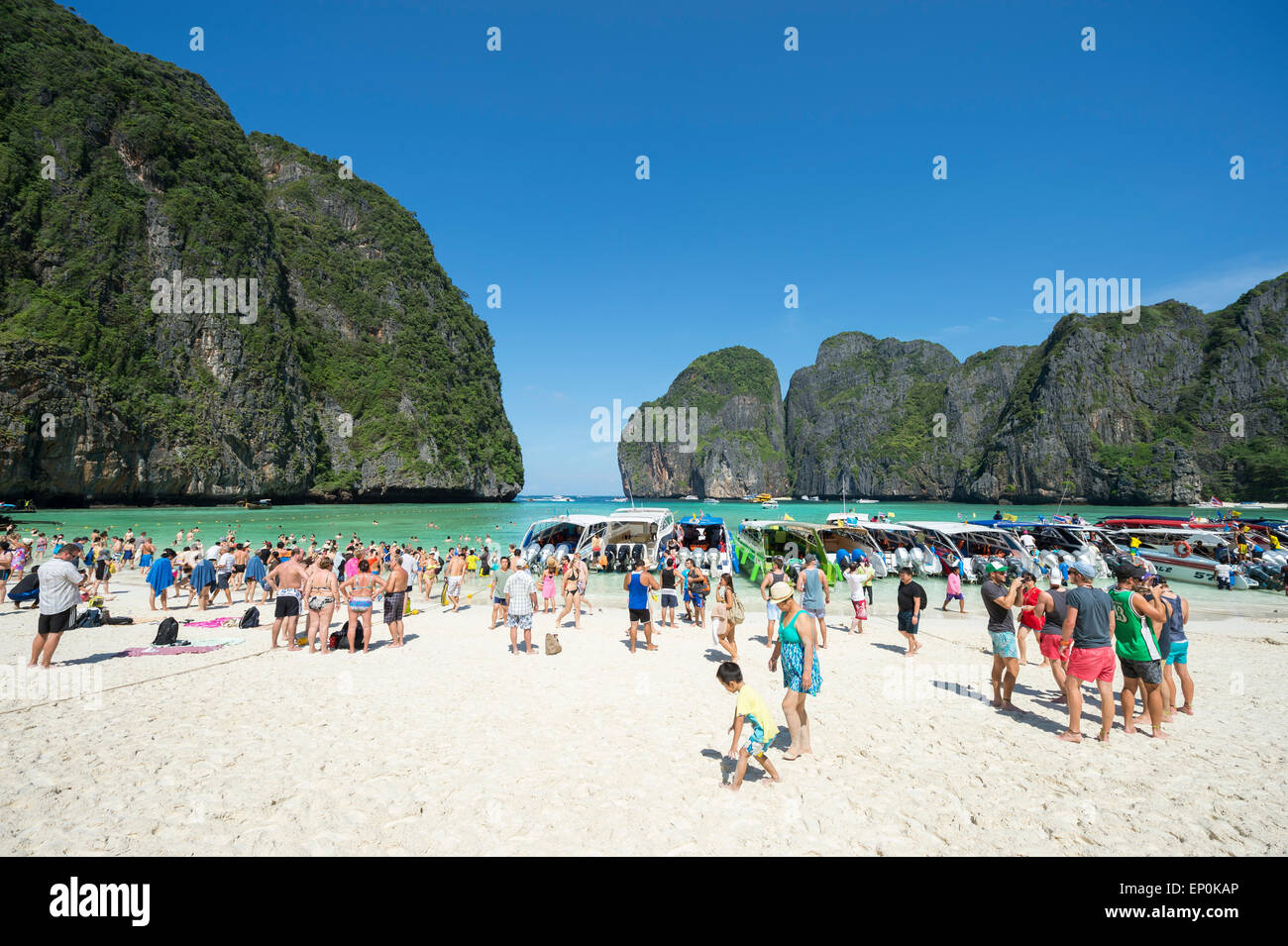 MAYA BAY, THAILAND - NOVEMBER 12, 2014: Crowds of sunbathing visitors enjoy a day trip at the iconic beach of Maya Bay. Stock Photo
