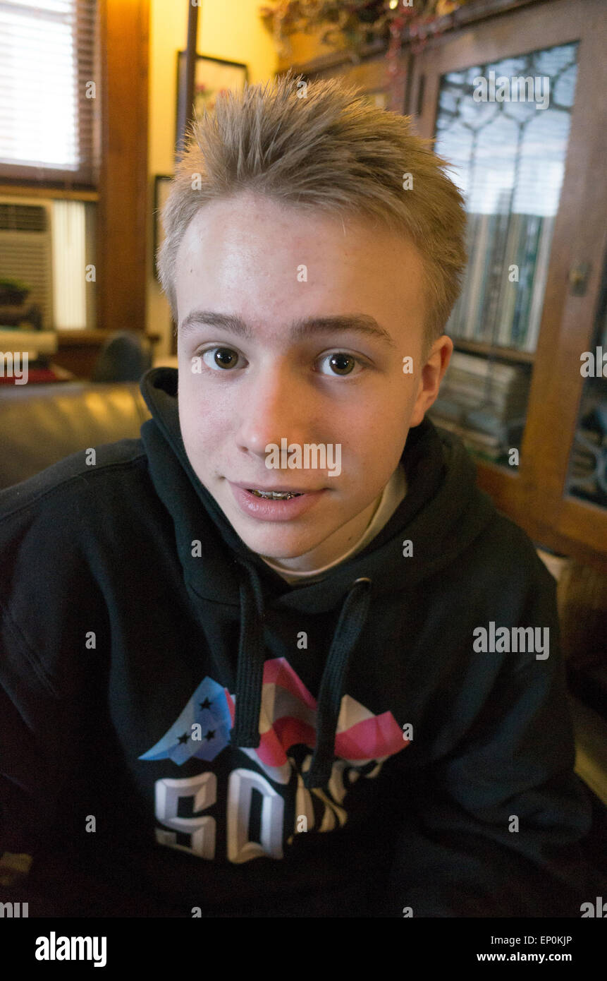 Teen age 14 wearing a Sochi Olympic hoodie. St Paul Minnesota MN USA Stock Photo