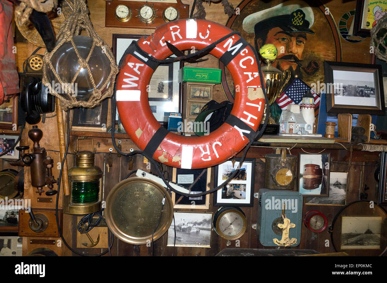 Wall of Anchor Bar and Grill loaded with nautical memorabilia. Superior