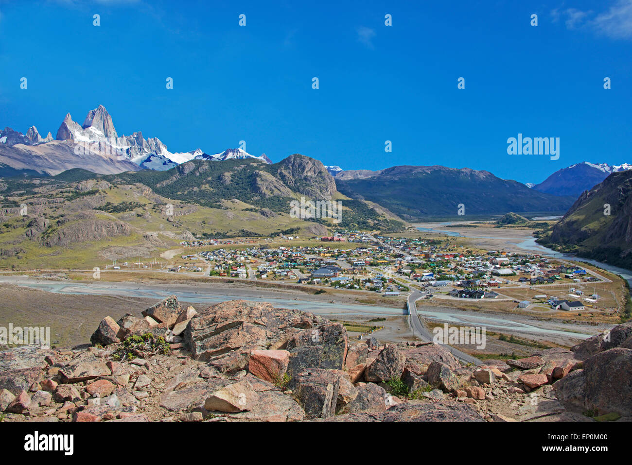 Panoramic view Fitz Roy Range and El Chalten town Patagonia Argentina Stock Photo