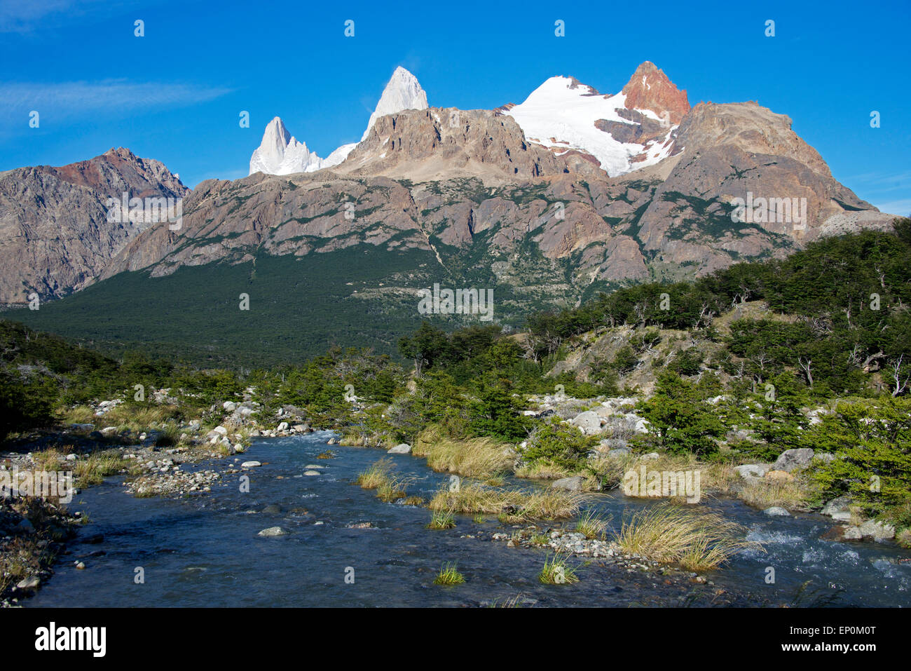 Rio Blanco and Mount Fitz Roy Los Glaciares National Park Patagonia Argentina Stock Photo