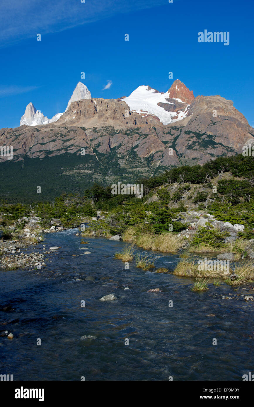 Rio Blanco and Mount Fitz Roy Los Glaciares National Park Patagonia Argentina Stock Photo