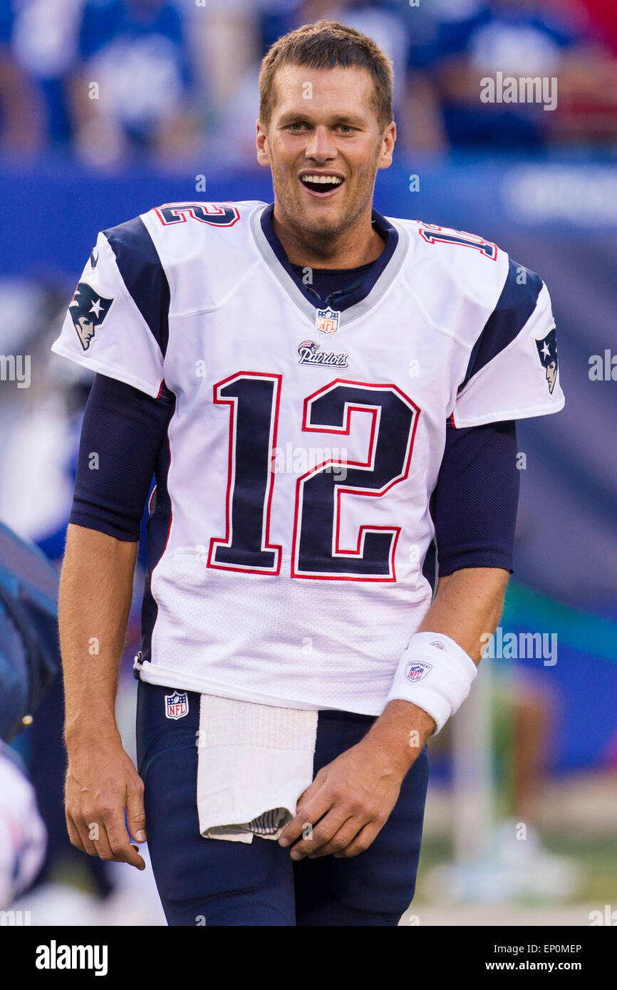 File Photo. 11th May, 2015. New England Patriots quaterback Tom Brady (12) suspended four games for punishment deflating footballs in the AFC Championship game. Pictured: August 29, 2012: New England Patriots quarterback Tom Brady (12) reacts during warm-ups prior to the NFL preseason game between the New England Patriots and the New York Giants at MetLife Stadium in East Rutherford, New Jersey. © csm/Alamy Live News Stock Photo
