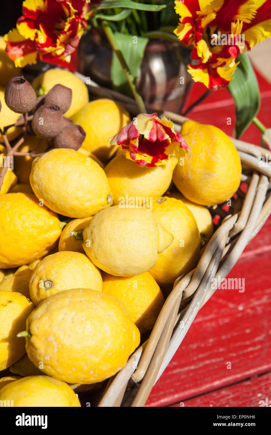 Still life of lemons and flowers Stock Photo