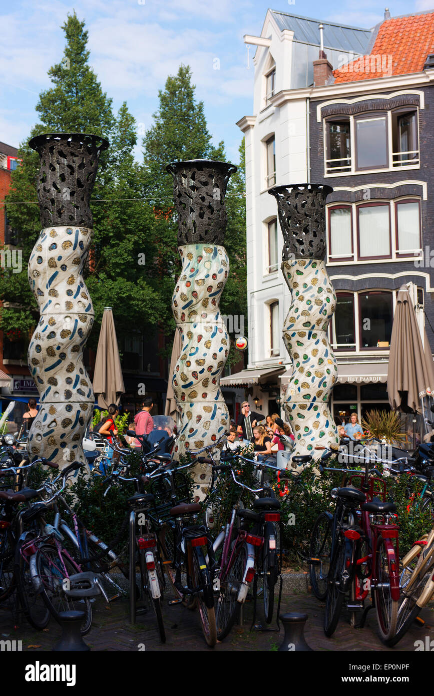 'Pillars', a piece of public art by Henk Duijn in Gerard Douplein Square, named after Gerard Dou. Stock Photo