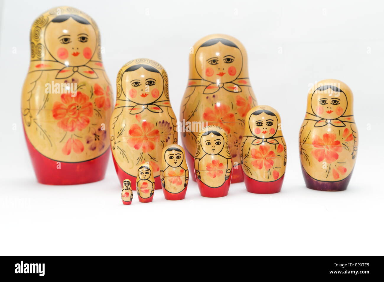 Russian doll, refers to a set of wooden dolls of decreasing size placed one inside the other. Stock Photo