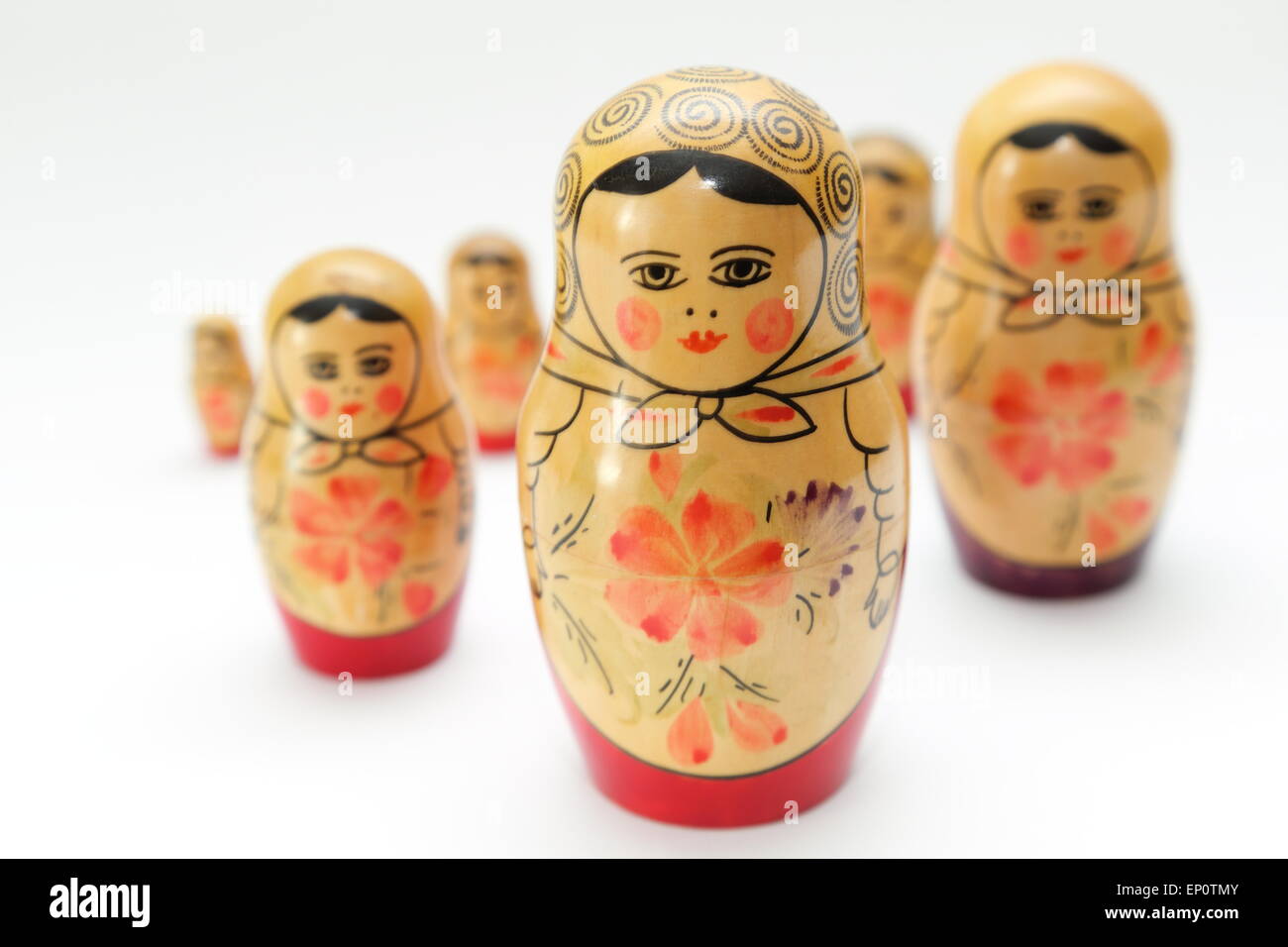 Russian doll, refers to a set of wooden dolls of decreasing size placed one inside the other. Stock Photo